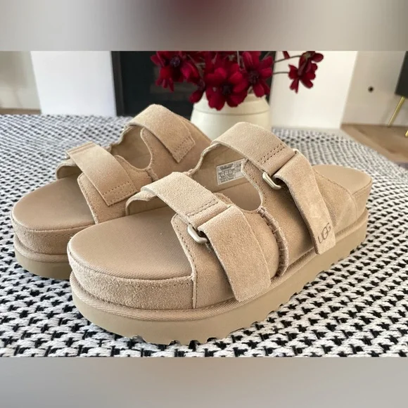 New Ugg Sand Suede GOLDENSTAR HI PLATFORM SLIDE SANDALS - Picture 11 of 11